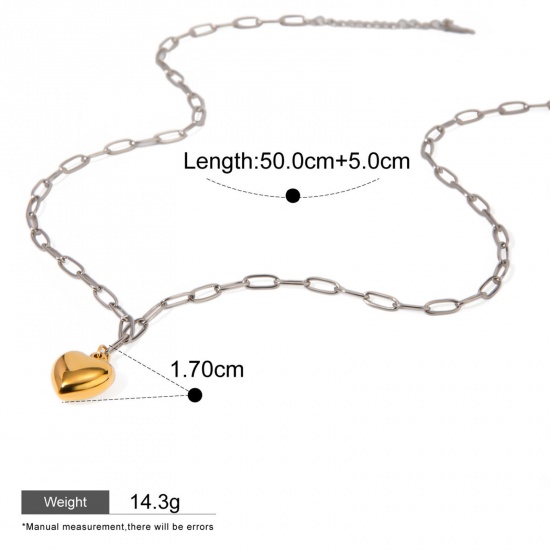 Picture of 1 Piece Eco-friendly 18K Real Gold Plated & Silver Tone 304 Stainless Steel Paperclip Chain Heart Necklace 50cm(19.7") long