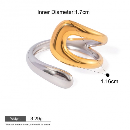 Bild von 1 Stück Umweltfreundlich Ins Stil 18K Echtgold plattiert & Silberton 304 Edelstahl Uneinstellbar Ring 17.3mm（US Größe:7), 17mm x 11.6mm