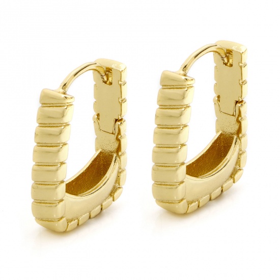 Picture of 1 Pair Eco-friendly Minimalist Stylish 18K Real Gold Plated Brass Trapezoid Stripe Hoop Earrings For Women 20mm x 15mm