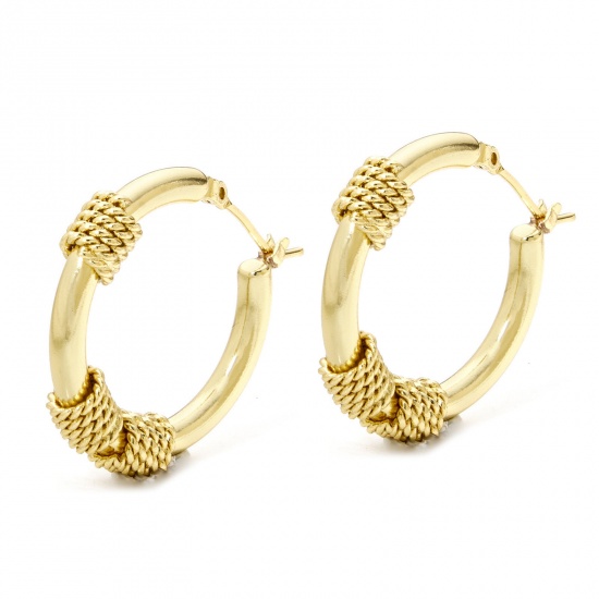 Picture of 1 Pair Eco-friendly Minimalist Stylish 18K Real Gold Plated Brass Round Texture Hoop Earrings For Women 27mm x 26mm