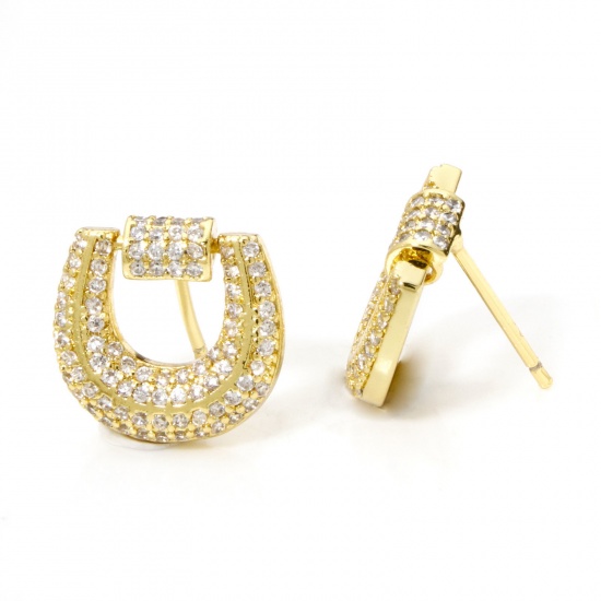 Immagine di 1 Paio Ecologico Stile Ins Elegante 18K Vero Oro Placcato Ottone Ferro di Cavallo Micro Spianare Orecchini a Perno Per Donne 14mm x 13.5mm