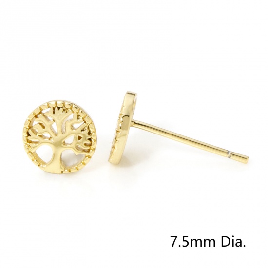 Imagen de 1 Par Respetuoso del Medio Ambiente Dulce & Lindo Elegante 18K Oro Real Chapado Latón Ronda Árbol de la Vida Hueco Pendientes Para Mujeres 7.5mm Dia.