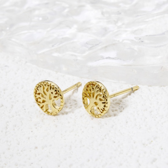 Imagen de 1 Par Respetuoso del Medio Ambiente Dulce & Lindo Elegante 18K Oro Real Chapado Latón Ronda Árbol de la Vida Hueco Pendientes Para Mujeres 7.5mm Dia.