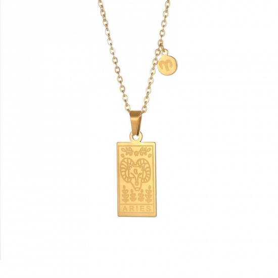 Picture of 1 Piece Vacuum Plating Ins Style Stylish & Casual 18K Gold Plated 304 Stainless Steel Rectangle Aries Sign Of Zodiac Constellations Necklace For Women 38cm(15") long