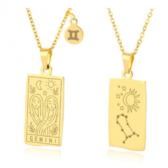 Picture of 1 Piece Vacuum Plating Ins Style Stylish & Casual 18K Gold Plated 304 Stainless Steel Rectangle Gemini Sign Of Zodiac Constellations Necklace For Women 38cm(15") long