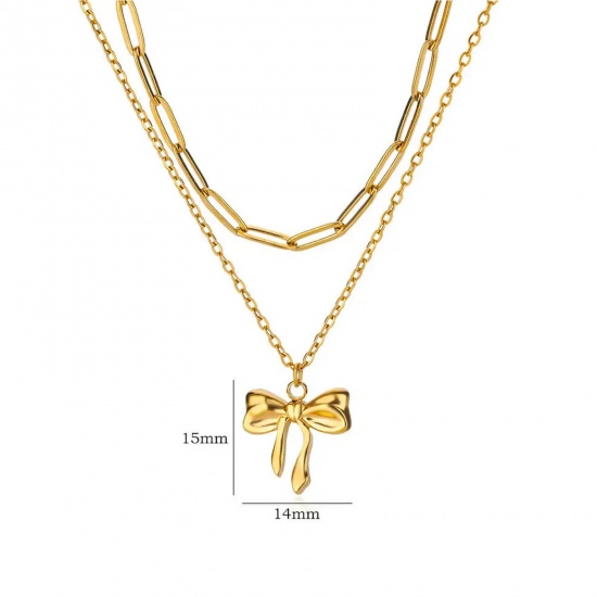 Picture of 1 Piece Vacuum Plating Stylish 18K Gold Plated 304 Stainless Steel Paperclip Chain Bowknot Multilayer Layered Necklace For Women 38cm(15") long