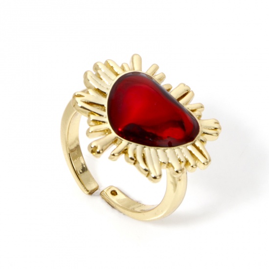 Picture of 1 Piece Eco-friendly Stylish Retro 18K Real Gold Plated Red Brass Open Ex Voto Heart Enamel Rings For Women 16.5mm(US Size 6)