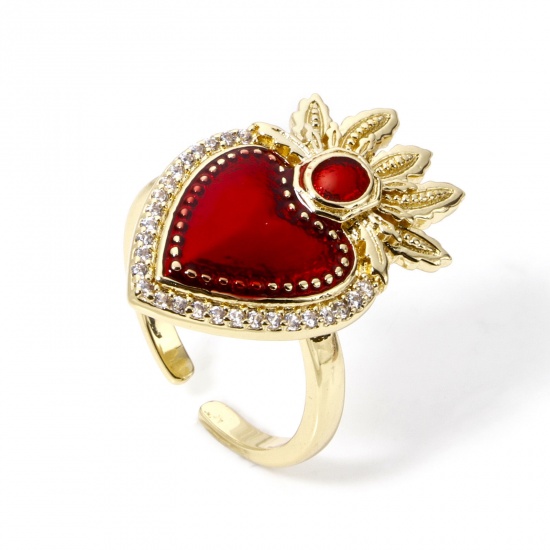 Picture of 1 Piece Eco-friendly Stylish Retro 18K Real Gold Plated Red Brass Open Ex Voto Heart Enamel Rings For Women 17.3mm(US Size 7)