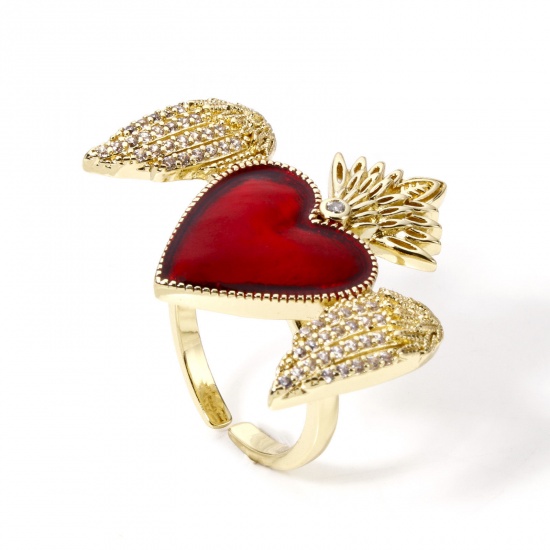 Picture of 1 Piece Eco-friendly Stylish Retro 18K Real Gold Plated Red Brass Open Ex Voto Heart Enamel Rings For Women 16.5mm(US Size 6)