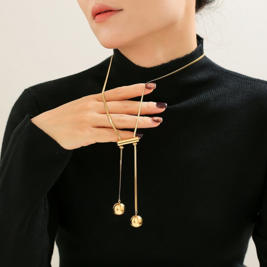 Picture of 1 Piece Eco-friendly PVD Vacuum Plating Stylish Simple 18K Real Gold Plated Stainless Steel Flat Snake Chain Ball Sweater Necklace Long For Women