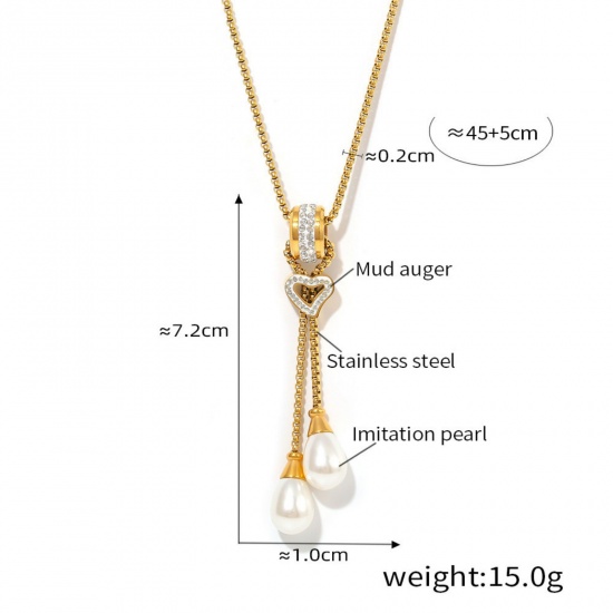 Picture of 1 Piece Eco-friendly PVD Vacuum Plating Dainty Simple 18K Real Gold Plated Stainless Steel Box Chain Tassel Imitation Pearl Sweater Necklace Long For Women 45cm(17.7") long