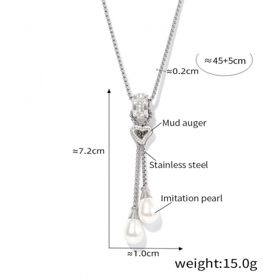 Picture of 1 Piece Dainty Simple Silver Tone Stainless Steel Box Chain Tassel Imitation Pearl Sweater Necklace Long For Women 45cm(17.7") long