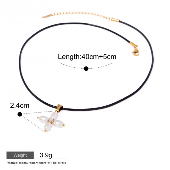 Bild von 1 Strang Umweltfreundliche PVD-Vakuumbeschichtung Elegant Einfach 18K Echtgold plattiert Edelstahl Wachsschnur Kreuz Imitat Perle Halskette Für Frauen 40cm lang