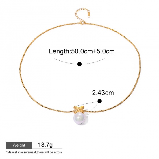Bild von 1 Strang Umweltfreundliche PVD-Vakuumbeschichtung Elegant Einfach 18K Echtgold plattiert Edelstahl Gliederkette Kette Imitat Perle Halskette Für Frauen 50cm lang