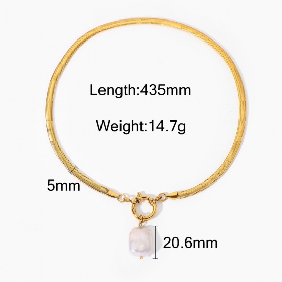 Bild von 1 Strang Umweltfreundliche PVD-Vakuumbeschichtung Elegant Einfach 18K Echtgold plattiert Edelstahl Gliederkette Kette Imitat Perle Halskette Für Frauen 43.5cm lang