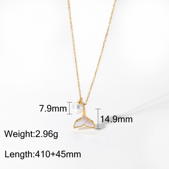 Bild von 1 Strang Umweltfreundliche PVD-Vakuumbeschichtung Elegant Einfach 18K Echtgold plattiert Edelstahl Gliederkette Kette Walflosse Imitat Perle Halskette Für Frauen 41cm lang