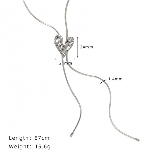 Immagine di 1 Pz Elegante Semplice Tono Argento Acciaio Inossidabile Catena di Serpente Piatta Cuore Regolabile Collana Lunga Adatto Maglia Per Donne 87cm Lunghezza