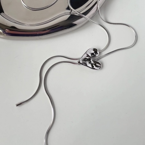 Immagine di 1 Pz Elegante Semplice Tono Argento Acciaio Inossidabile Catena di Serpente Piatta Cuore Regolabile Collana Lunga Adatto Maglia Per Donne 87cm Lunghezza
