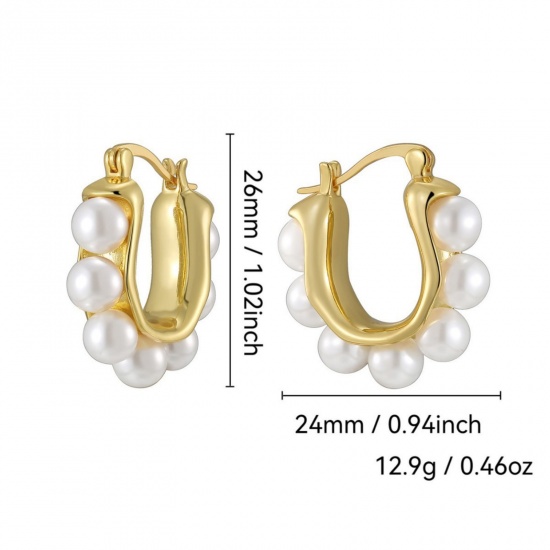 Picture of 1 Pair Stylish Simple 18K Gold Plated Brass U Shaped Imitation Pearl Hoop Earrings For Women 26mm x 24mm