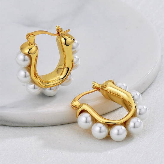 Picture of 1 Pair Stylish Simple 18K Gold Plated Brass U Shaped Imitation Pearl Hoop Earrings For Women 26mm x 24mm