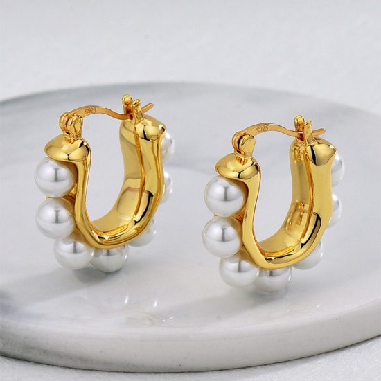 Picture of 1 Pair Stylish Simple 18K Gold Plated Brass U Shaped Imitation Pearl Hoop Earrings For Women 26mm x 24mm