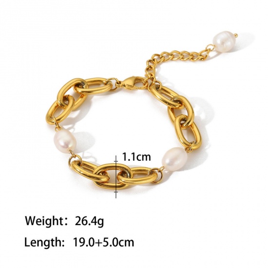 Bild von 1 Strang Umweltfreundliche PVD-Vakuumbeschichtung Ins Stil 18K Echtgold plattiert Edelstahl Imitat Perle Armband Für Frauen 19cm lang