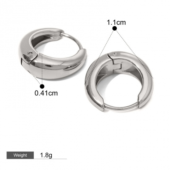 Picture of 1 Pair Ins Style Simple Silver Tone Stainless Steel C Shaped Smooth Blank Hoop Earrings For Women 11mm x 4.1mm