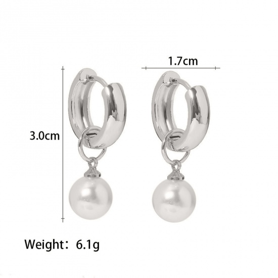 Picture of 1 Pair Simple Silver Tone Stainless Steel Imitation Pearl Earrings For Women 3cm x 1.7cm