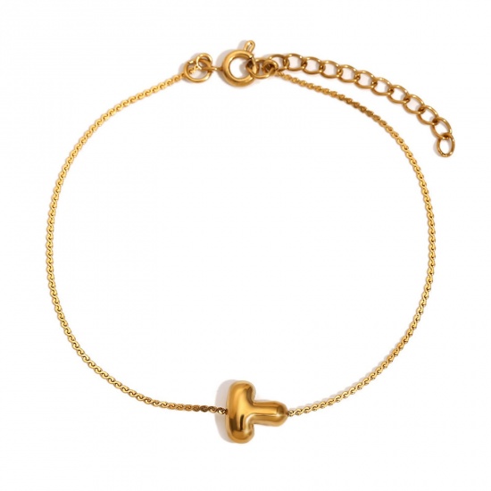 Imagen de 1 Unidad Recubrimiento al Vacío PVD Ecológico Sencillo 18K Oro Real Chapado Acero Inoxidable Letra Mayúscula Mensaje " T " Pulseras Para Mujeres 15cm longitud