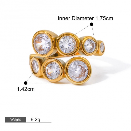 Picture of 1 Piece Eco-friendly PVD Vacuum Plating Stylish Simple 18K Real Gold Plated Stainless Steel Open Cubic Zirconia Rings For Women 17.5mm(US size 7.25)