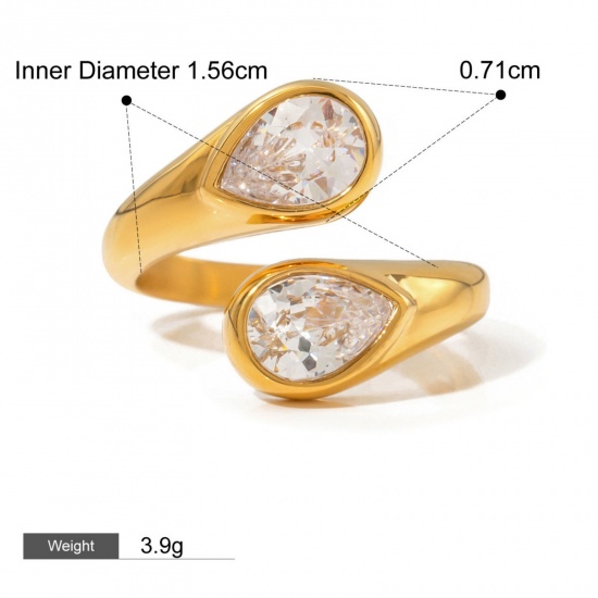 Picture of 1 Piece Eco-friendly PVD Vacuum Plating Stylish Simple 18K Real Gold Plated Stainless Steel Open Cubic Zirconia Rings For Women 15.5mm(US size 4.75)