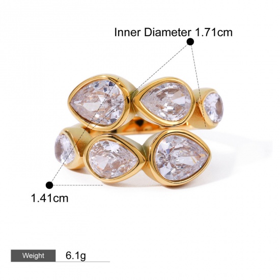 Picture of 1 Piece Eco-friendly PVD Vacuum Plating Stylish Simple 18K Real Gold Plated Stainless Steel Open Cubic Zirconia Rings For Women 17.1mm(US size 6.75)