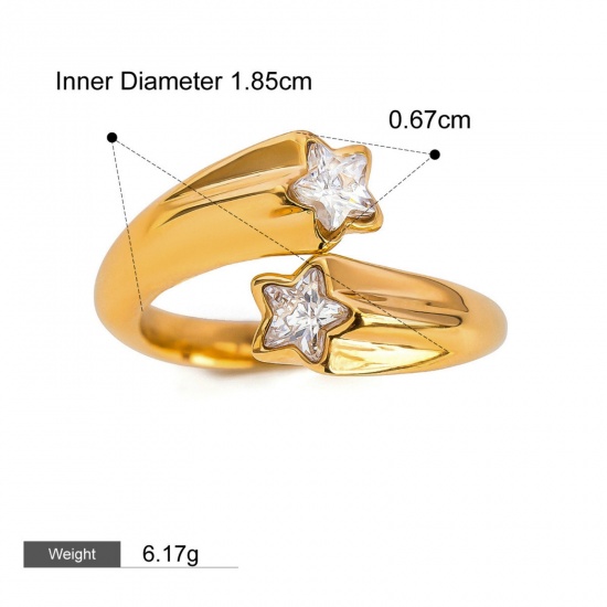 Picture of 1 Piece Eco-friendly PVD Vacuum Plating Stylish Simple 18K Real Gold Plated Stainless Steel Open Cubic Zirconia Rings For Women 18.5mm(US size 8.5)