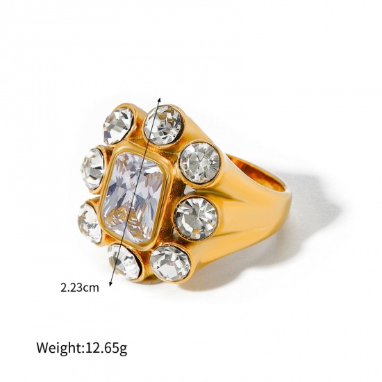 Picture of 1 Piece Eco-friendly PVD Vacuum Plating Stylish Simple 18K Real Gold Plated Stainless Steel Open Cubic Zirconia Rings For Women 17.3mm(US Size 7)