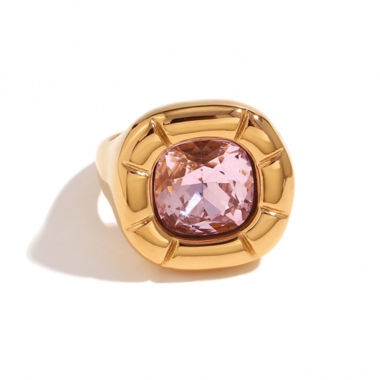 Imagen de 1 Unidad Recubrimiento al Vacío PVD Ecológico Elegante Sencillo 18K Oro Real Chapado Acero Inoxidable Circón incrustado Anillos Para Mujeres 17.3mm (US size 7)