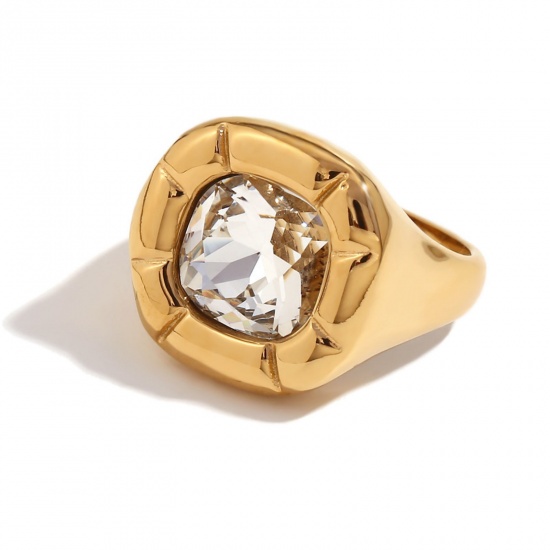 Imagen de 1 Unidad Recubrimiento al Vacío PVD Ecológico Elegante Sencillo 18K Oro Real Chapado Acero Inoxidable Circón incrustado Anillos Para Mujeres 17.3mm (US size 7)