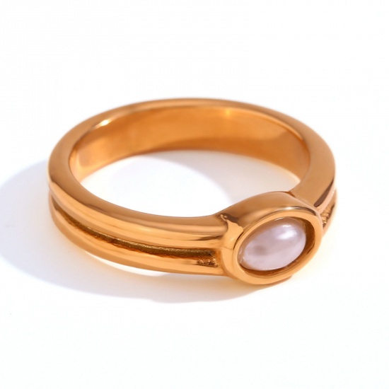 Imagen de 1 Unidad Recubrimiento al Vacío PVD Ecológico Elegante Sencillo 18K Oro Real Chapado Acero Inoxidable Circón incrustado Anillos Para Mujeres 17.3mm (US size 7)