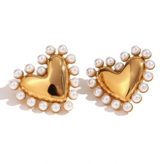 Picture of 1 Pair Eco-friendly PVD Vacuum Plating Stylish Ins Style 18K Real Gold Plated Stainless Steel Heart Imitation Pearl Ear Post Stud Earrings For Women 3.7cm x 27.8mm