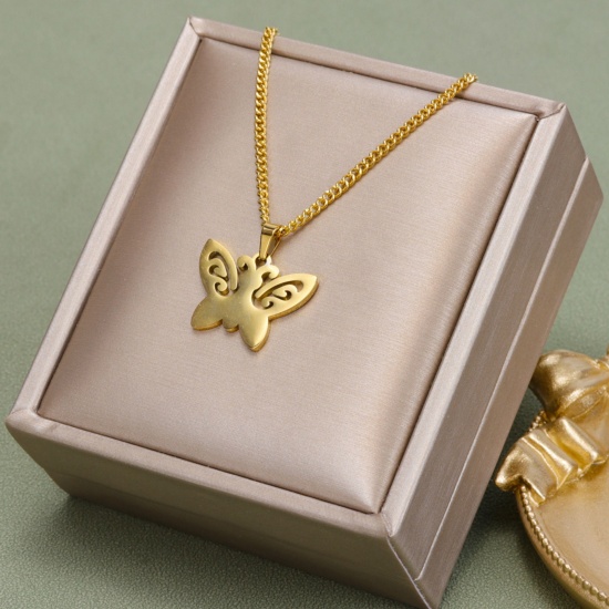 Picture of 1 Piece Stylish Simple 18K Gold Plated Stainless Steel Curb Link Chain Butterfly Animal Necklace Unisex 45cm(17.7") long