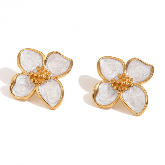 Picture of 1 Pair Eco-friendly PVD Vacuum Plating Stylish Ins Style 18K Real Gold Plated Stainless Steel Flower Enamel Ear Post Stud Earrings For Women 3.7cm x 3.4cm