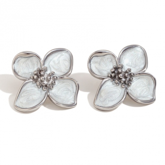 Picture of 1 Pair Stylish Ins Style Silver Tone Stainless Steel Flower Enamel Ear Post Stud Earrings For Women 3.7cm x 3.4cm