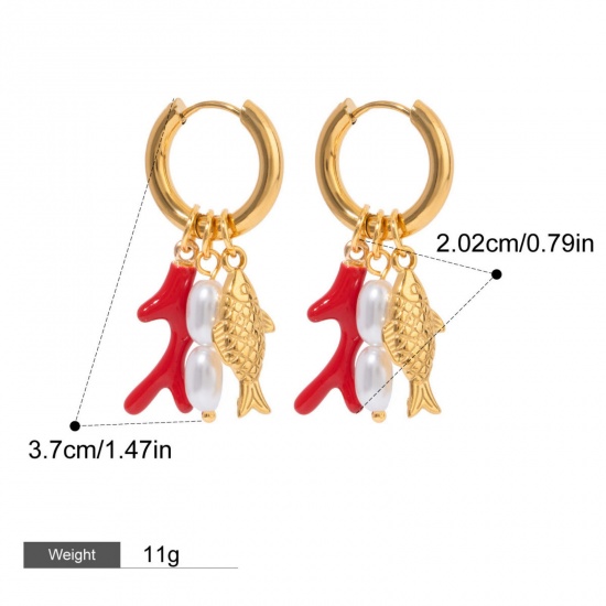 Picture of 1 Pair Eco-friendly PVD Vacuum Plating Sweet & Cute 18K Real Gold Plated Stainless Steel Fish Animal Coralline Earrings For Women 3.7cm x 2cm