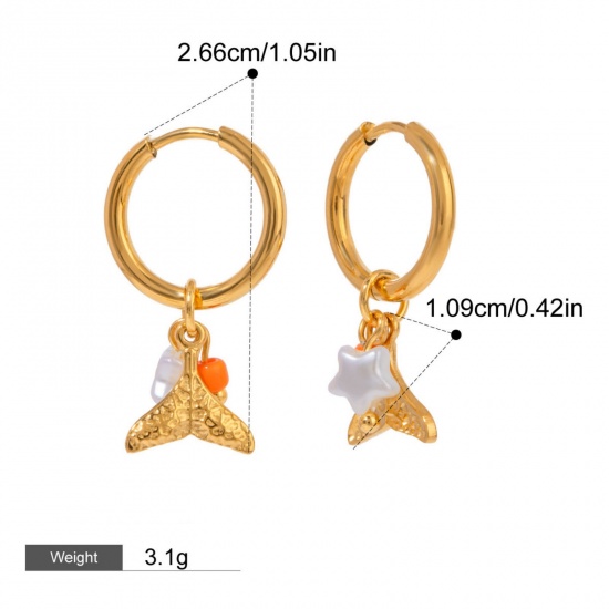 Picture of 1 Pair Eco-friendly PVD Vacuum Plating Sweet & Cute 18K Real Gold Plated Stainless Steel Fishtail Earrings For Women 27mm x 11mm