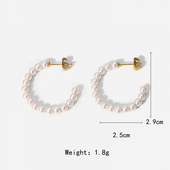 Picture of 1 Pair Eco-friendly PVD Vacuum Plating Stylish Ins Style 18K Real Gold Plated Stainless Steel C Shaped Imitation Pearl Hoop Earrings For Women 29mm x 25mm