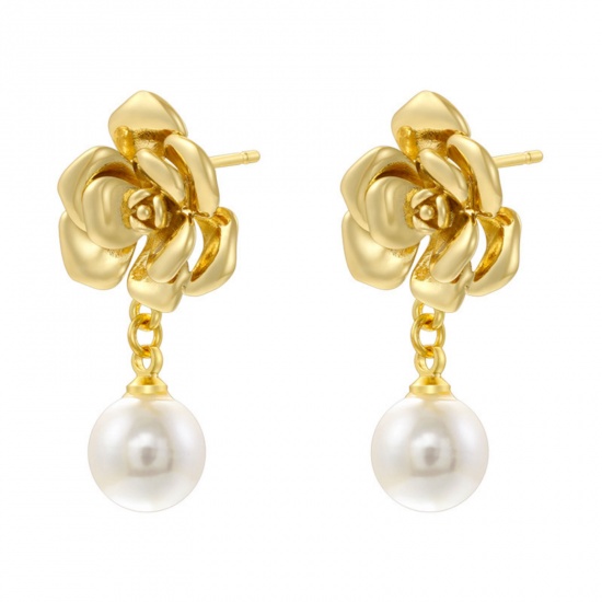 Picture of 1 Pair Ins Style Stylish 18K Gold Plated Brass Rose Flower Imitation Pearl Ear Post Stud Earrings For Women 28mm x 14mm