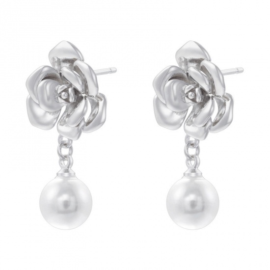 Picture of 1 Pair Ins Style Stylish Platinum Plated Brass Rose Flower Imitation Pearl Ear Post Stud Earrings For Women 28mm x 14mm