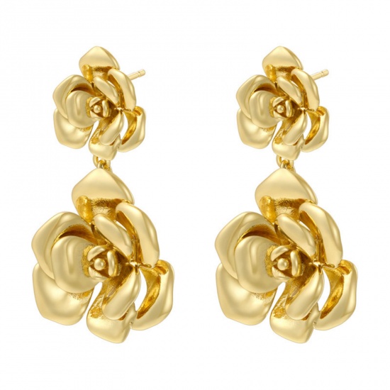 Picture of 1 Pair Ins Style Stylish 18K Gold Plated Brass Rose Flower 3D Ear Post Stud Earrings For Women 4cm x 2.2cm