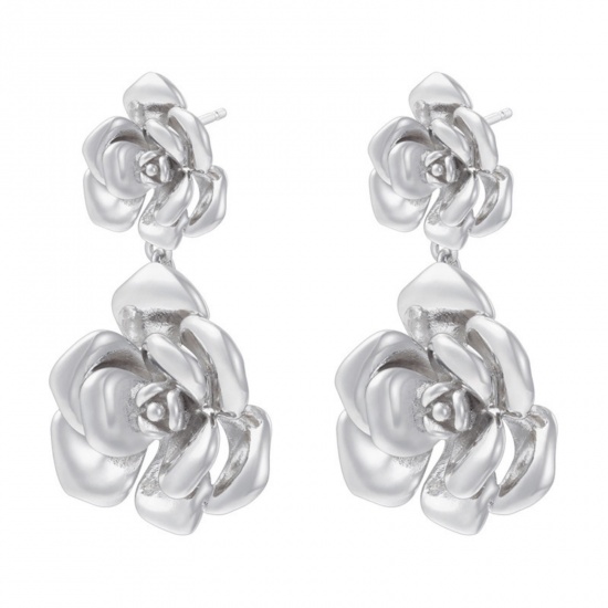 Picture of 1 Pair Ins Style Stylish Platinum Plated Brass Rose Flower 3D Ear Post Stud Earrings For Women 4cm x 2.2cm