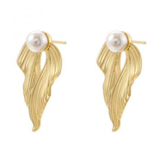 Immagine di 1 Pair Retro Ocean Jewelry 18K Gold Plated Brass Fishtail Imitation Pearl Ear Post Stud Earrings 3.4cm x 1.9cm