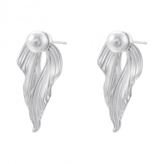 Immagine di 1 Pair Retro Ocean Jewelry Platinum Plated Brass Fishtail Imitation Pearl Ear Post Stud Earrings 3.4cm x 1.9cm